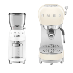 סט מכונת אספרסו ידנית קרם ומטחנת קפה לבנה