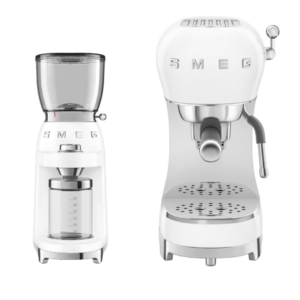סט מכונת אספרסו ידנית ומטחנת קפה בצבע לבן