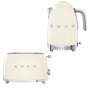 סט מצנם קופץ ל-2 פרוסות וקומקום חשמלי מתקדם בצבע קרם